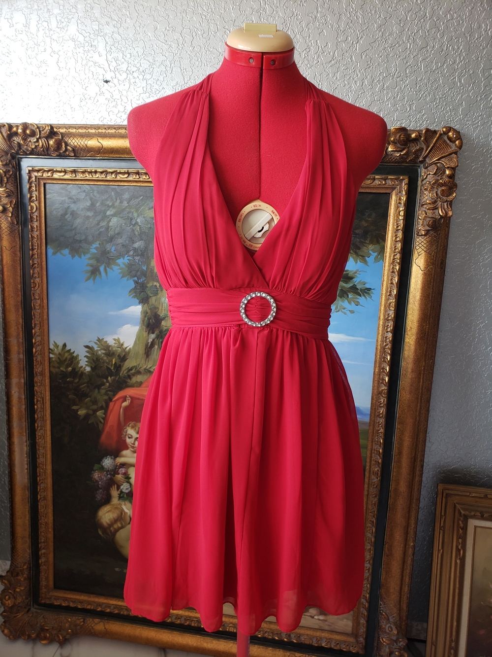 Johnny Martin Fuchsia Halter Mini Dress with Rhinestone Waist Accent